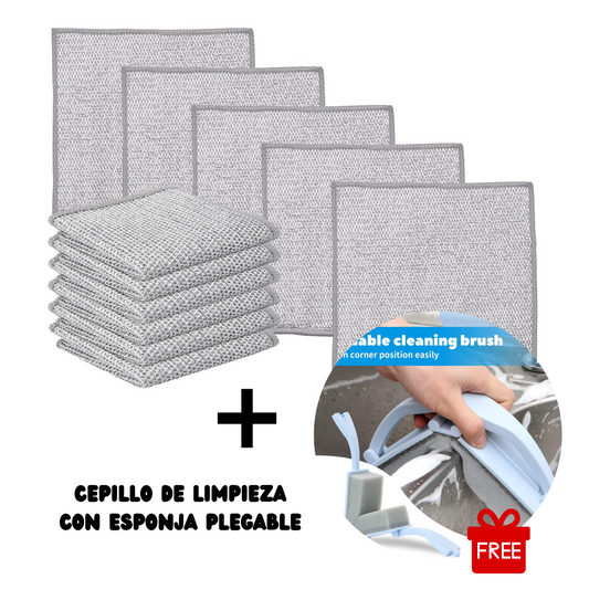 10 Paños de limpieza metálicos CleanPro +🎁 Cepillo con esponja plegable 🎁